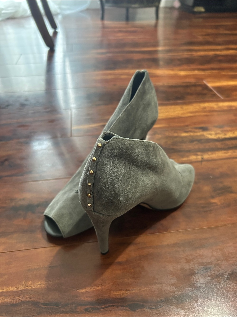 Halogen Grey Suede Peep-Toe Heel Booties with Stud Detail